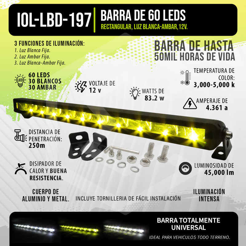 Barra 60 Leds Bicolor 3 Funciones 20'' 83.3w Pulgadas 12v