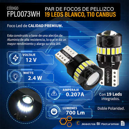 Par De Focos De Pellizco 19 Leds T10 Canbus Lupa 2.4w 700lm