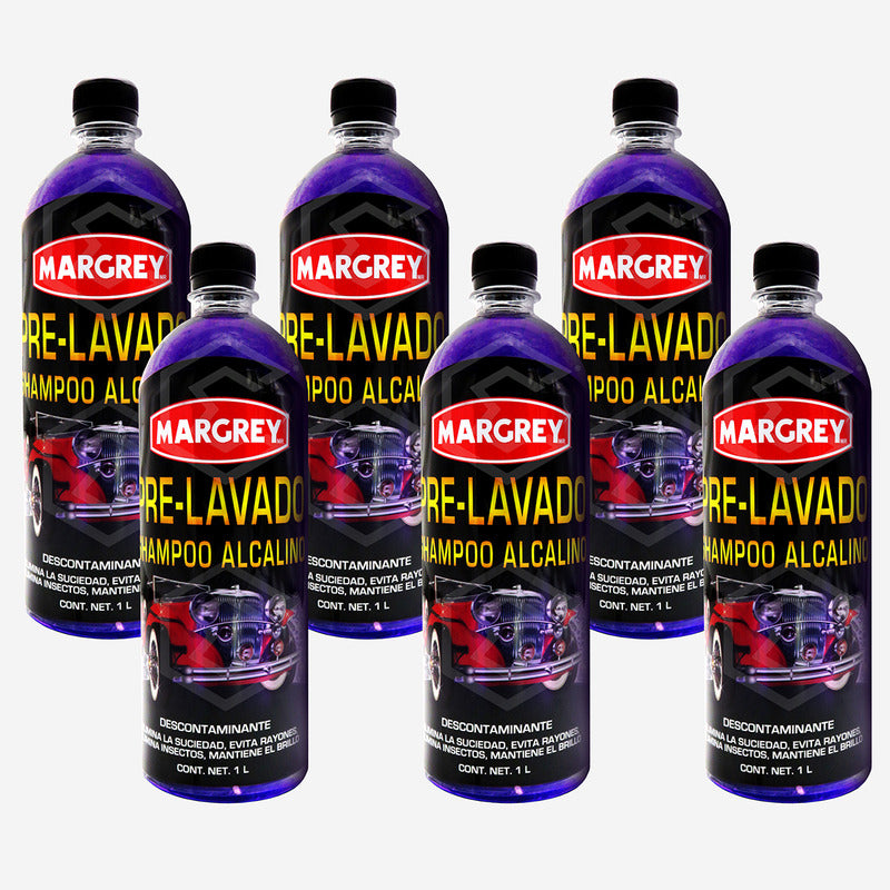 Kit Con 6 Prelavador Shampoo Alcalino 1l Margrey Automotriz