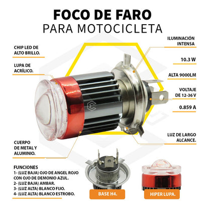 Foco Moto H4 Lupa Proyector Ba20d 24 Led Bicolor 4 Funcionet