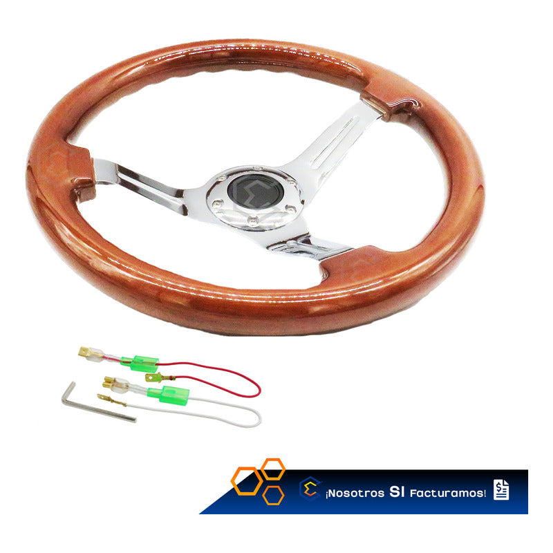 Volante De Madera Automotriz Universal Centro Cromado 35cm
