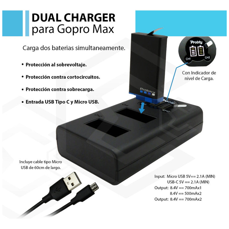 2 Pilas 1680mah + Cargador Dual Para Gopro Max 360 T