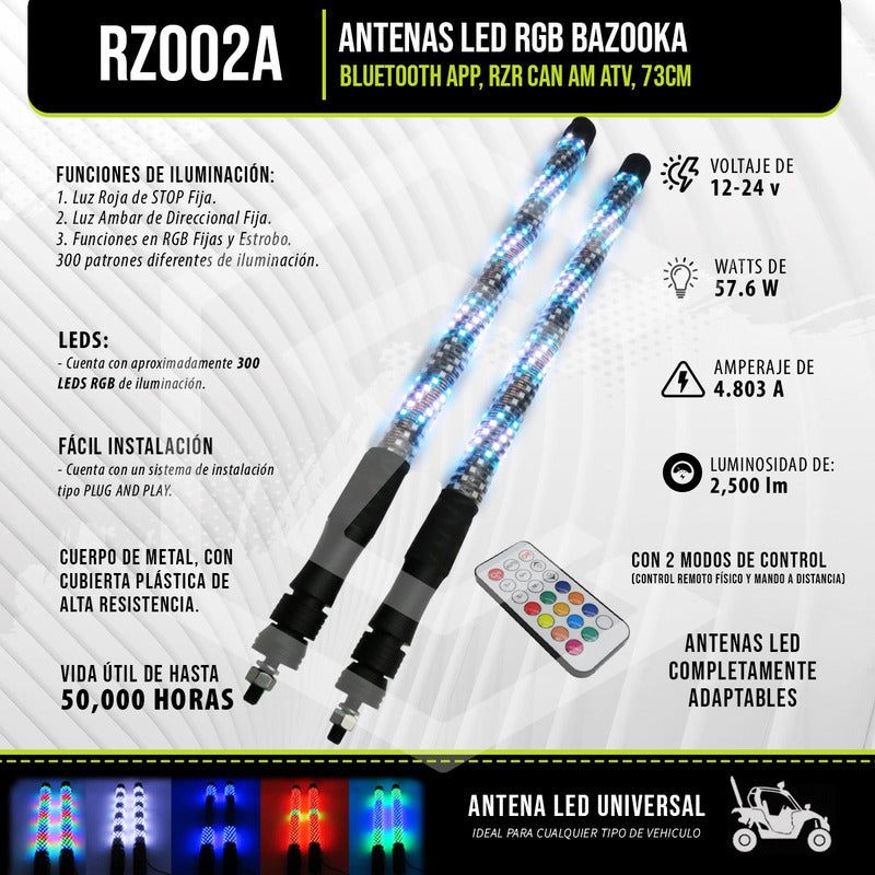 Antenas Led Rgb Bazooka Bluetooth App Rzr Can Am Atv 73cm
