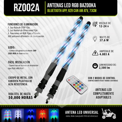 Antenas Led Rgb Bazooka Bluetooth App Rzr Can Am Atv 73cm