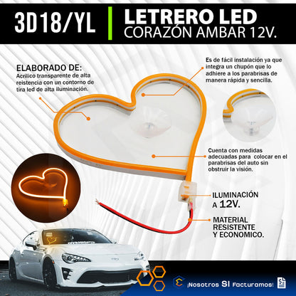 Figura Corazon Led Luz Neon Parabrisas Chupón Grande26cm 12v