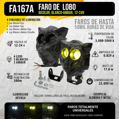 Par De Faros 6 Leds 2 Lupas Bicolor Fijo Estrobo Lobo 12-24v