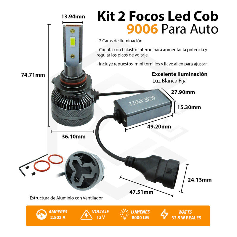 Kit Focos 9006 12led Csp 9-30v 33.5w Reales Alta Baja 8000lm 9006