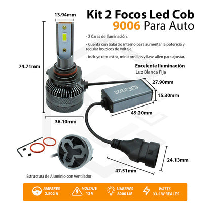 Kit Focos 9006 12led Csp 9-30v 33.5w Reales Alta Baja 8000lm 9006
