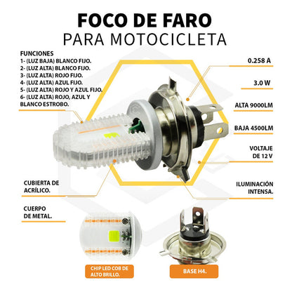 Foco Moto H4 108 Leds Cob Ba20d 6 Funciones 2 Caras Rgb T H4