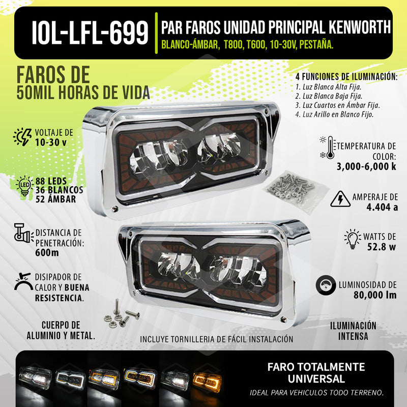Par Faros Unidad Principal Kenworth T800 T600 W900 Pestaña Ambos Lados