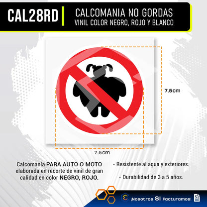 Calcomanía Sticker Vinil No Gordas Broma Auto Moto 7.5x7.5cm