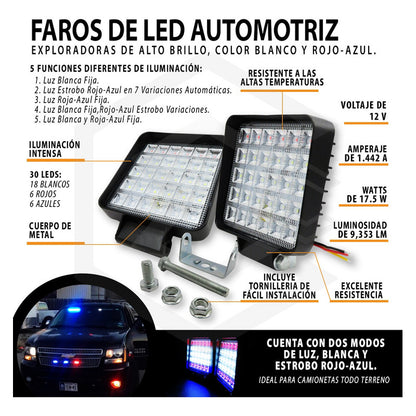 Par De Faros 30 Leds 9-30v Luz Blanca/rojo/azul 6 Funciones