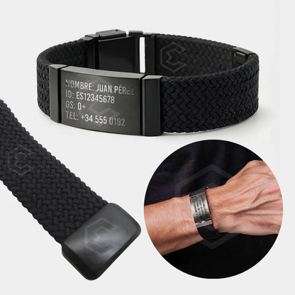 Pulsera Brazalete Identificación De Emergencia Grabado Láser Negro
