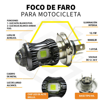 Foco Moto H4 Lupa Proyector Bicolor 30 Leds 2 Funciones H4