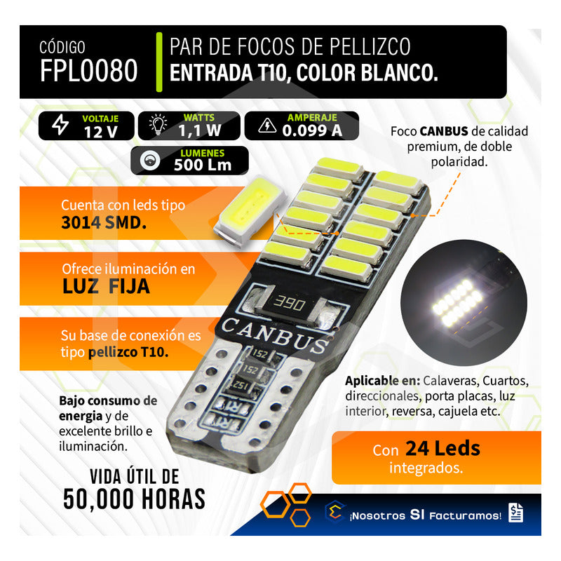 Kit 10 Focos Pellizco 24 Leds Con Canbus Alta Intensidad 12v