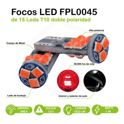 Kit De 10 Focos Pellizco T10 15 Leds Burbuja Doble Polaridad