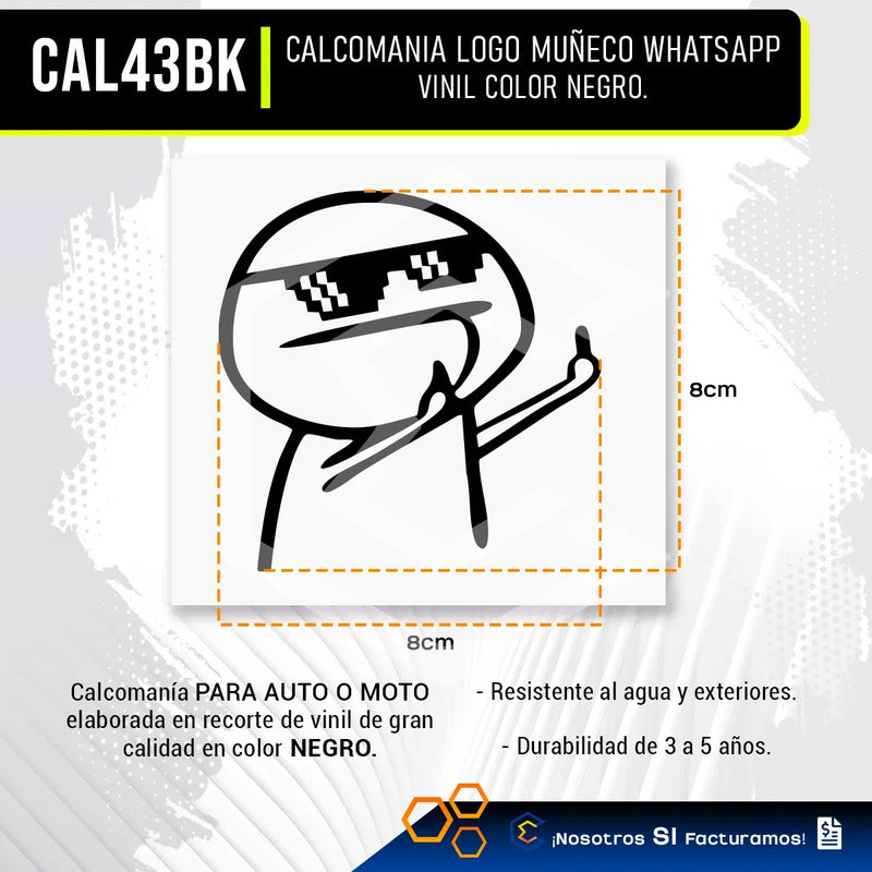 2 Calcomanía Monito Whatsapp Negro  Vinil Auto Moto 8cm