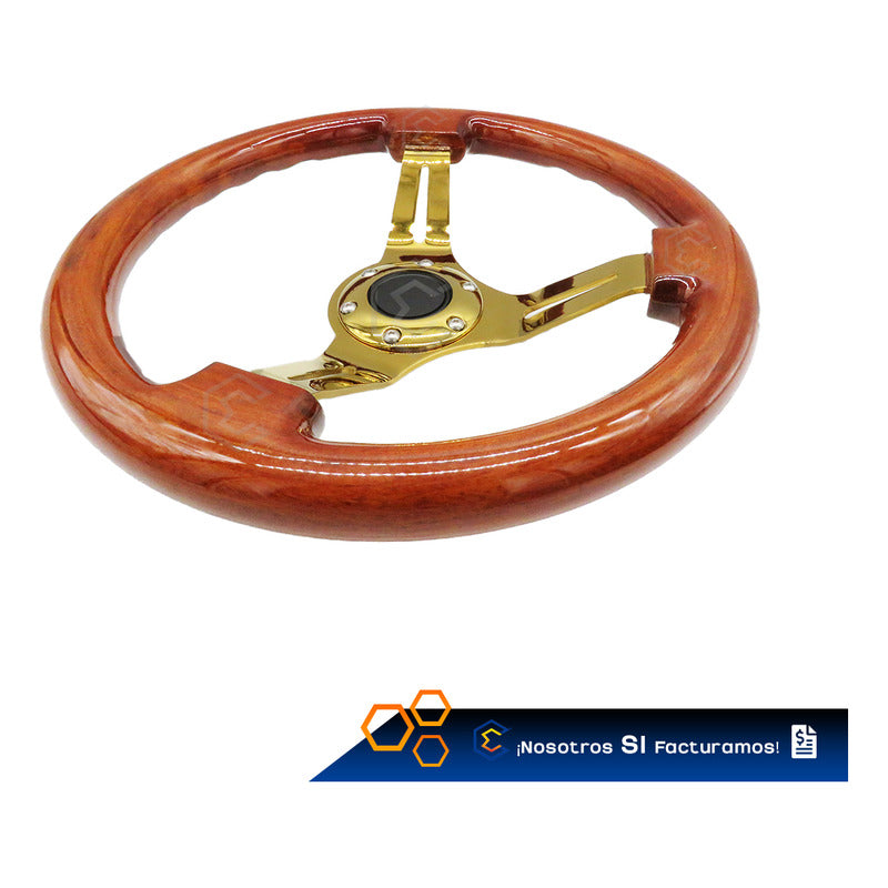 Volante De Madera Automotriz Universal Centro Dorado 35cm