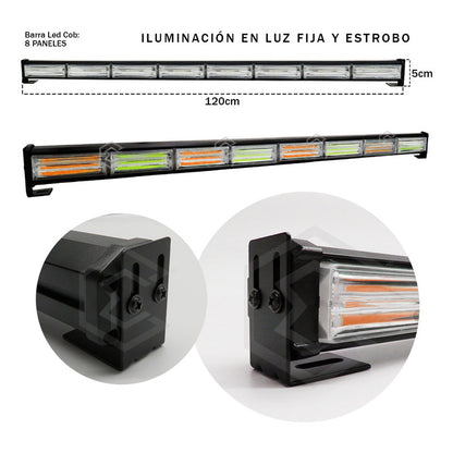 Barra Torreta Led Cob 8 Módulos Estrobo Código 16 Funciones