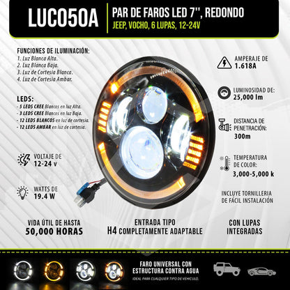 Par Faros Led 7'' Pulgadas Redondo Jeep Vocho 6 Lupas 12-24v
