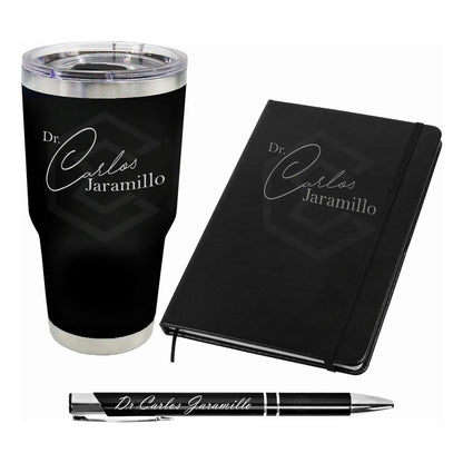 Kit Termo Libreta Y Pluma Personalizado Láser Para Regalo Negro