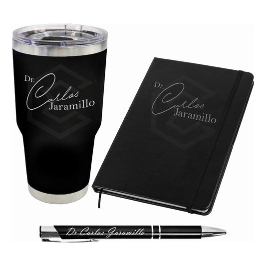 Kit Termo Libreta Y Pluma Personalizado Láser Para Regalo Negro