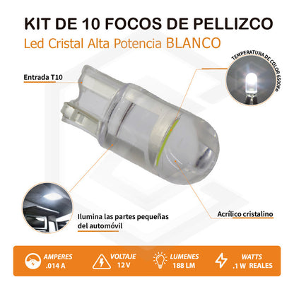 10 Focos Pellizco T10 1 Hiper Leds Cristal Alta Potencia 12v
