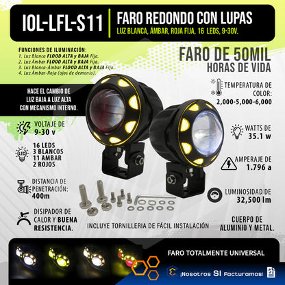 Par De Faros 16 Leds Lupa Blanco Ambar Flood Alta Baja 9-30v