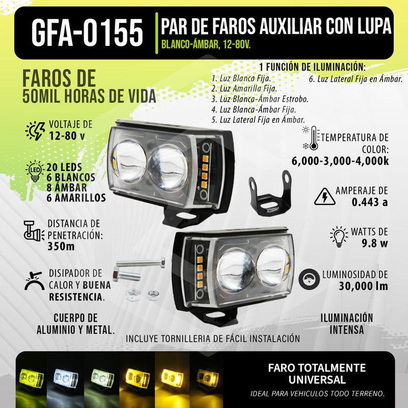 Par Faros 20 Leds 2 Lupas Blanco Ambar Fijo Estrobo 12-80v