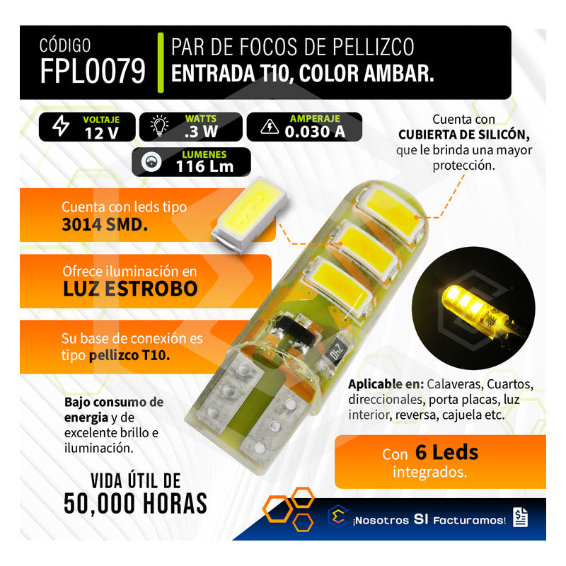 Par De Focos De Pellizco 6 Leds Smd T10 Gel Luz Estrobo 12v