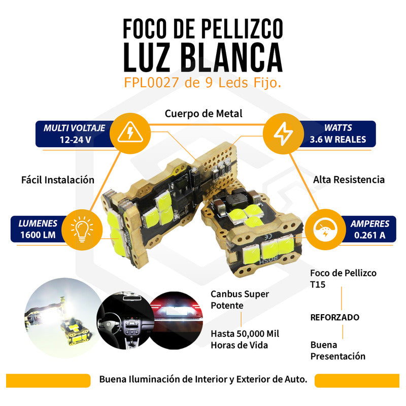 Par De Focos De Pellizco T15 Canbus Super Potente 9 Leds 12v