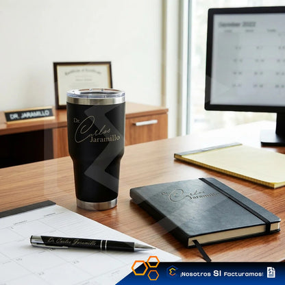 Kit Termo Libreta Y Pluma Personalizado Láser Para Regalo Negro