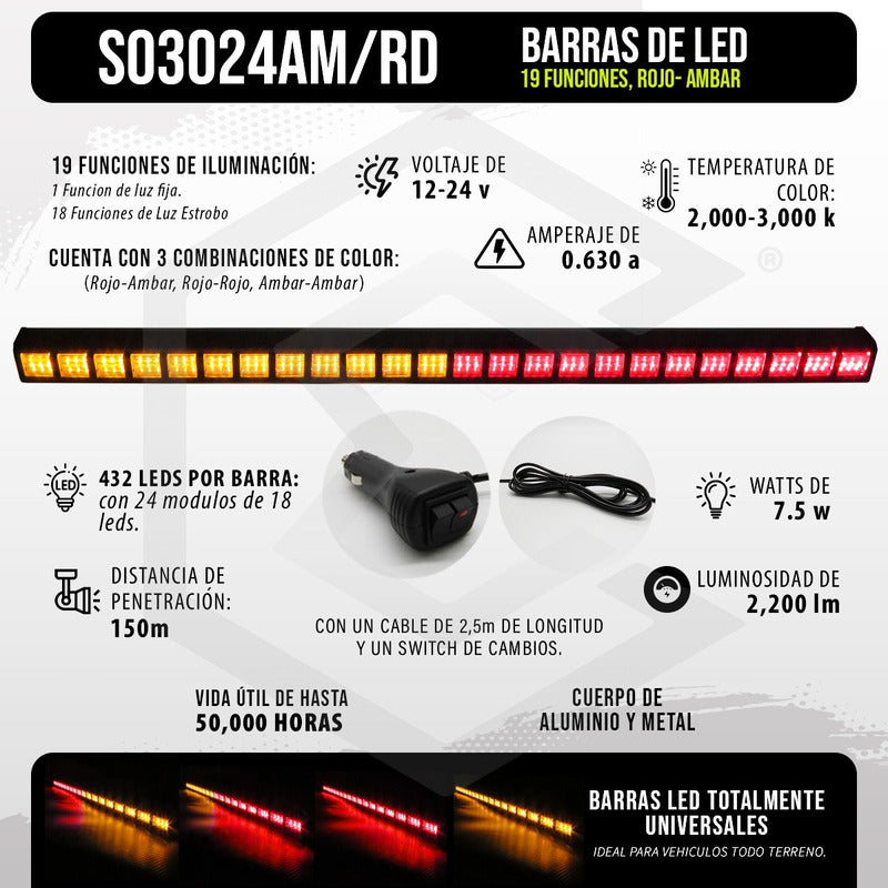 Barra 432 Led 19 Funciones 24 Módulos Bicolor Estrobo 12-24v
