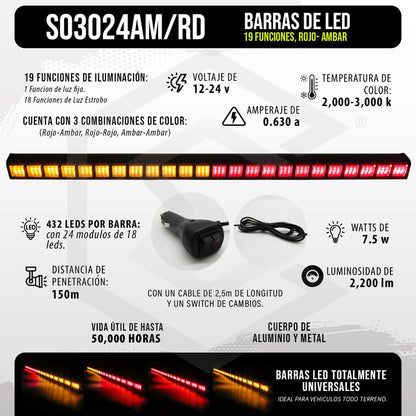 Barra 432 Led 19 Funciones 24 Módulos Bicolor Estrobo 12-24v
