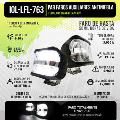 Par Faros Auxiliares Antiniebla 8 Leds Luz Blanca Fija 9-30v