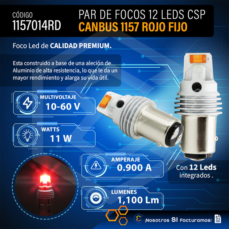 Par De Focos 1157 12 Leds Csp Canbus Fijo 10-60v 11w 1100lm