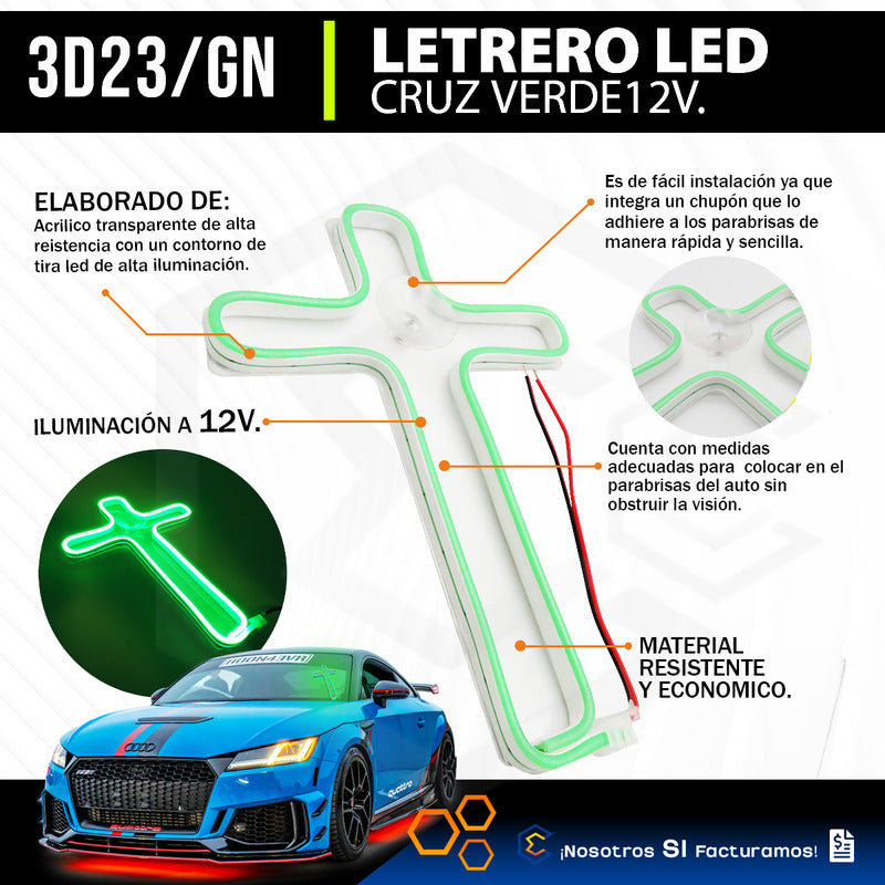 Figura Cruz Led Luz Neon Parabrisas Chupón Grande 26cm 12v