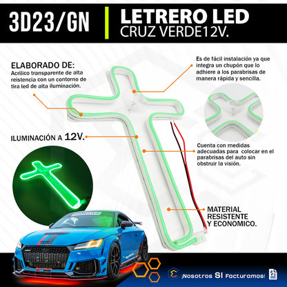 Figura Cruz Led Luz Neon Parabrisas Chupón Grande 26cm 12v
