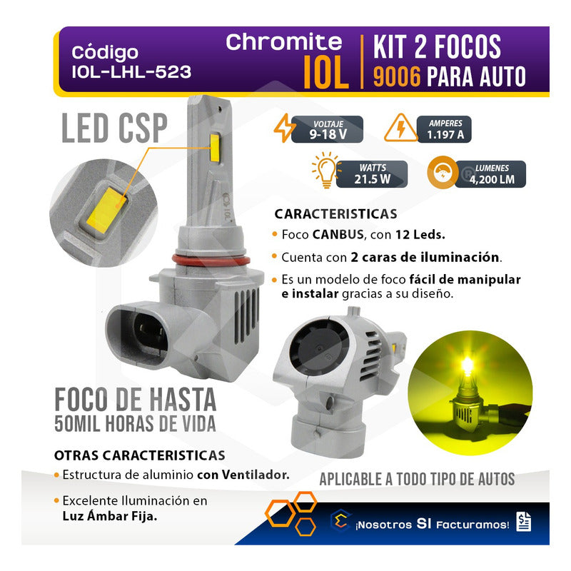 Kit Focos 12 Led Csp Ambar 9006 Ventilador Alta O Baja 21.5w 9006 Ambar
