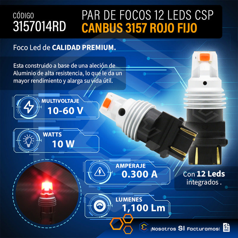 Par De Focos 3157 12 Leds Csp Canbus Fijo 10-60v 10w 1100lm