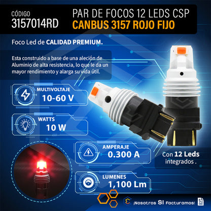 Par De Focos 3157 12 Leds Csp Canbus Fijo 10-60v 10w 1100lm