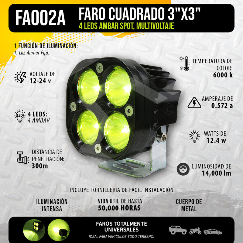 Par Faros Auxiliares Exploradores 4 Leds Ámbar Fijo 12-24v