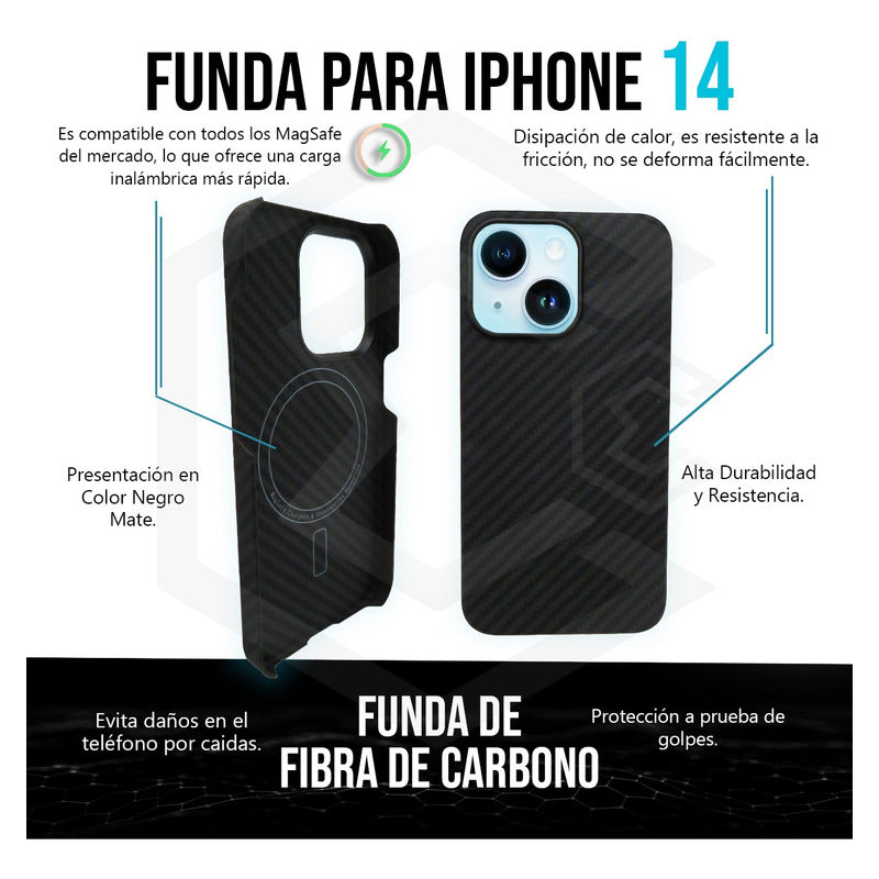 Funda Case De iPhone 13-14 Fibra De Carbono 100% Real