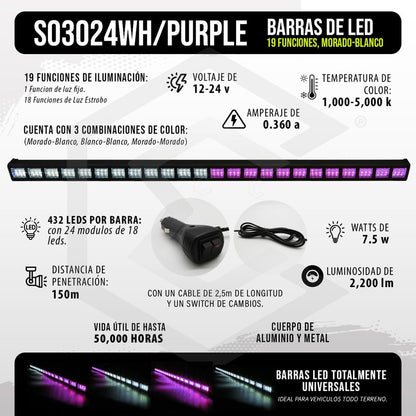 Barra 432 Led 19 Funciones 24 Módulos Bicolor Estrobo 12-24v