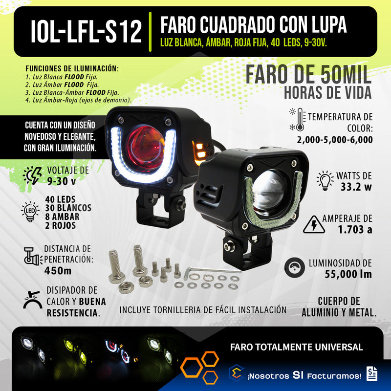 Par De Faros 40 Leds Cuadrado Lupa Blanco Ambar Flood 9-30v