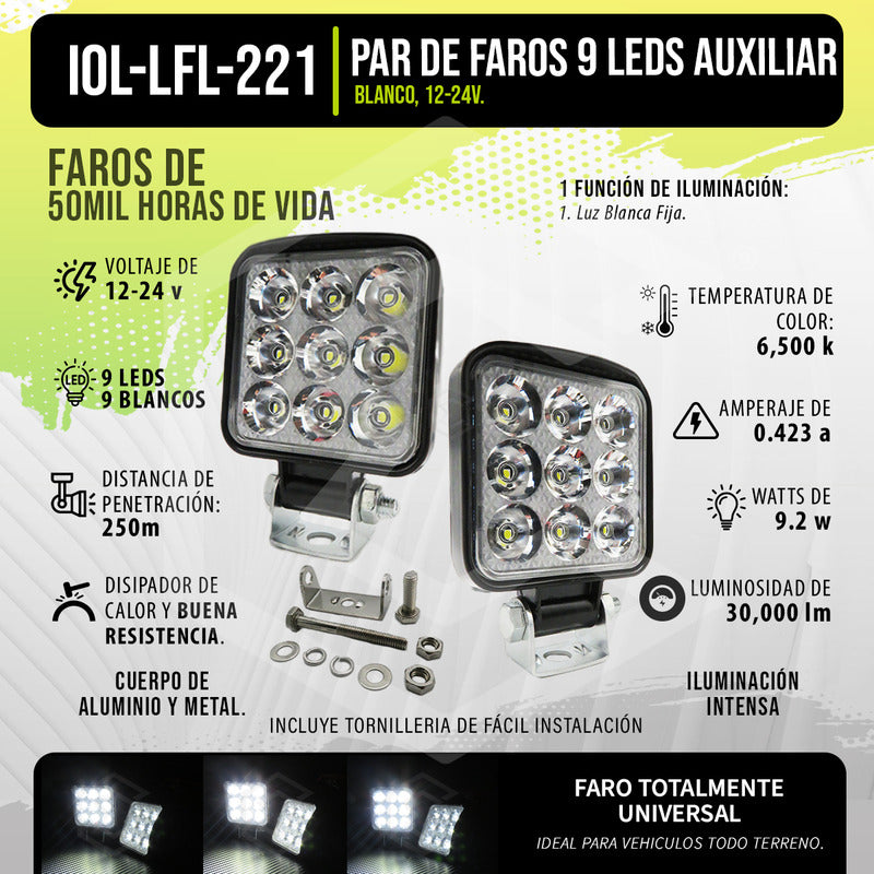 Par De Faros 9 Leds Auxiliar Cuadrado Blanco 30,000lm 12-24v Transparente