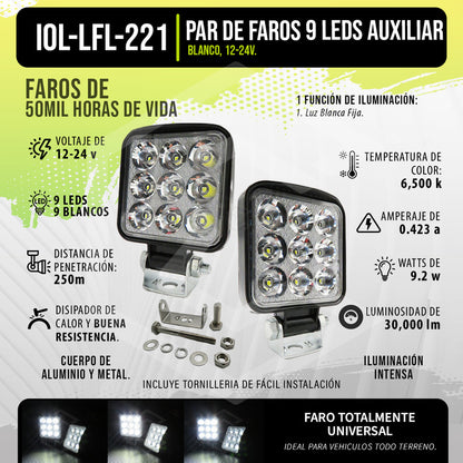 Par De Faros 9 Leds Auxiliar Cuadrado Blanco 30,000lm 12-24v Transparente