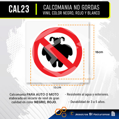 Calcomanía Sticker Vinil Prohibido No Gordas Auto Moto 15cm