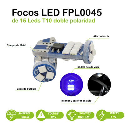 Par Foco Pellizco T10 15leds Burbuja Canbus Doble Polaridad