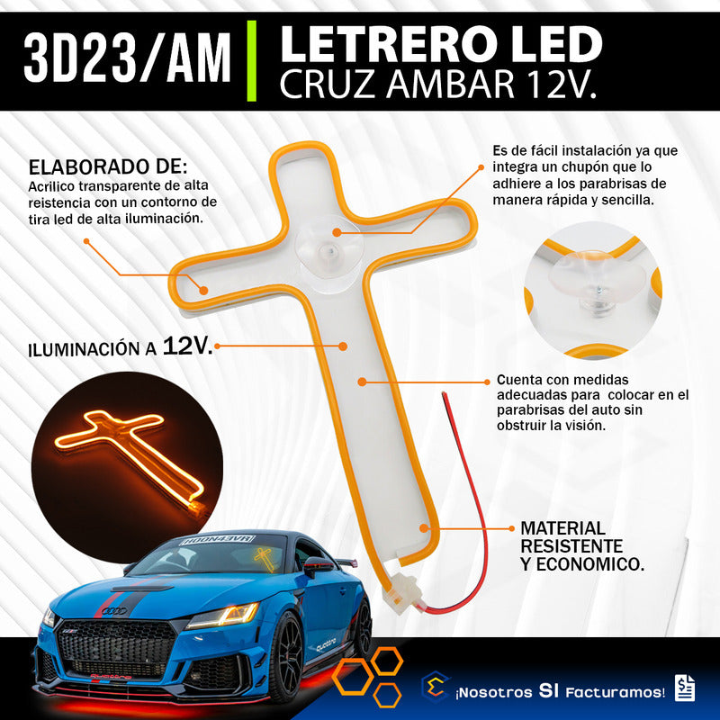 Figura Cruz Led Luz Neon Parabrisas Chupón Grande 26cm 12v